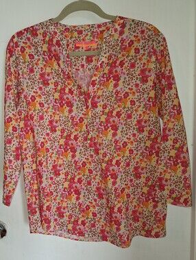 Vilagallo Pink Orange Floral V-Neck Blouse